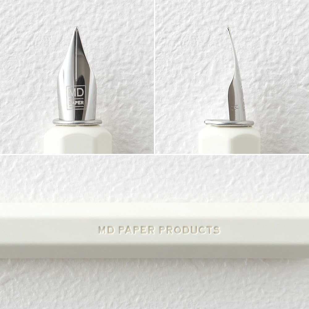 Close up details of the MD Paper Dip Pen nib from the top and side, and the embossed MD Paper Products on the white hexagonal handle