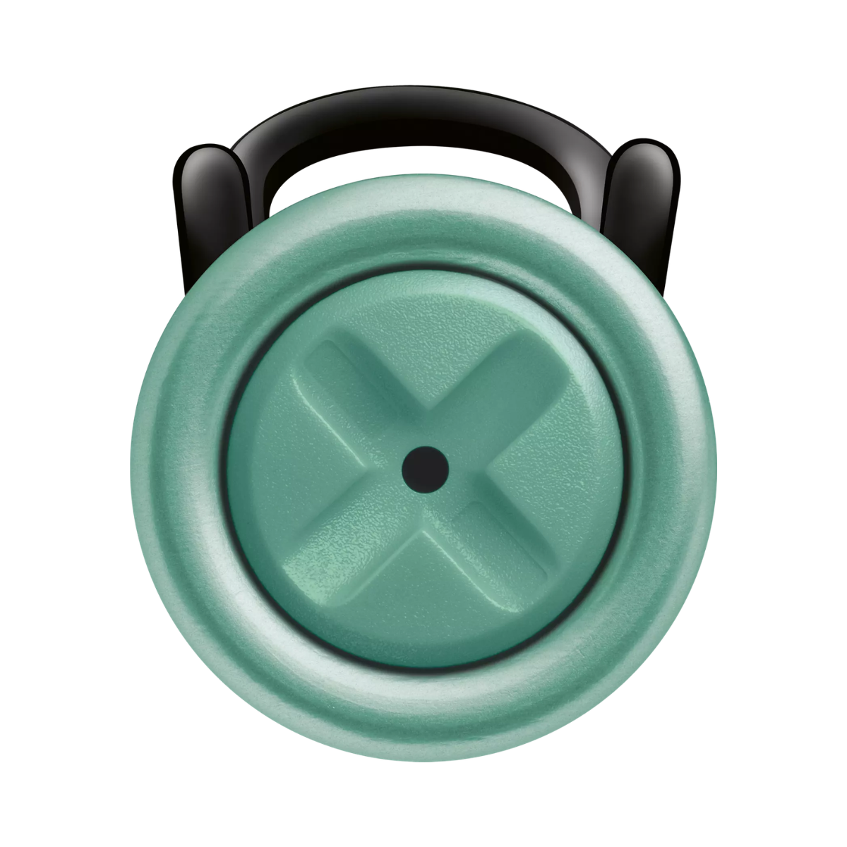 Teal-colored lid with a black handle on a white background