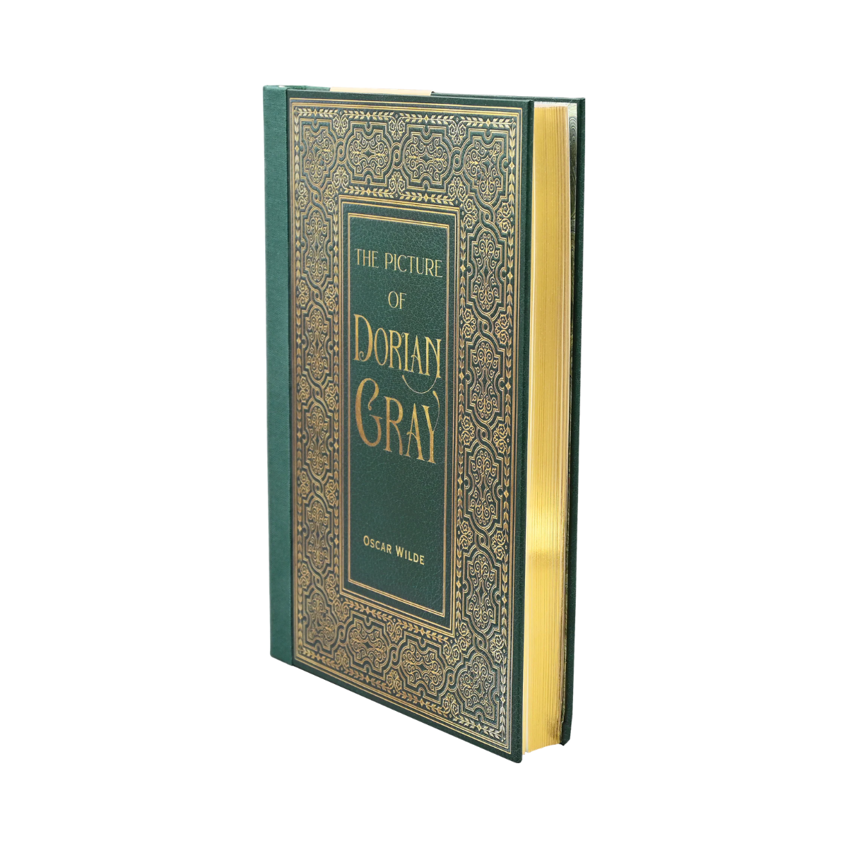 Decorative book titled 'The Picture of Dorian Gray' with ornate green and gold binding on a white background