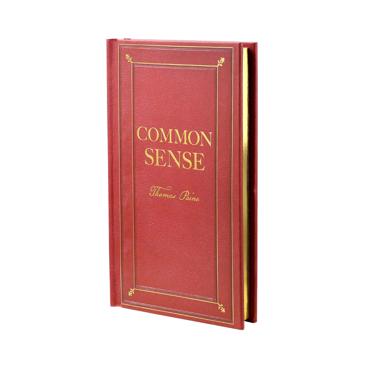 Red book titled 'Common Sense' by Thomas Paine on a white background