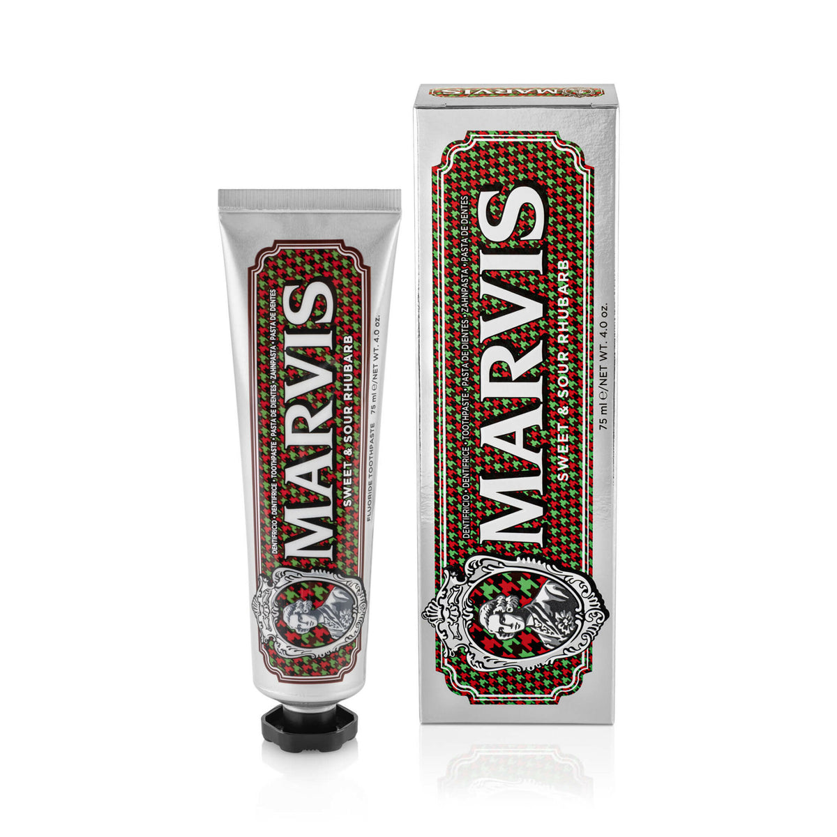 A silver tube and matching box of Marvis Rose Gold Powder deodorant, featuring a detailed red and gold patterned label with the brand name 'MARVIS' in white, set against a clean white background.