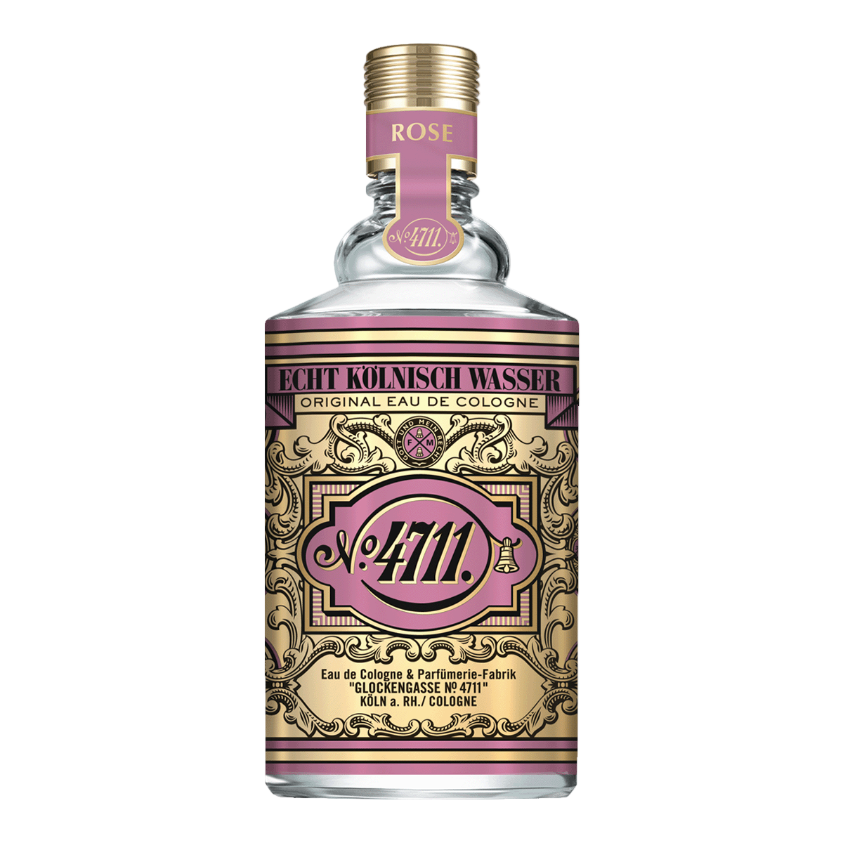 4711 Rose perfume bottle with decorative label on a white background