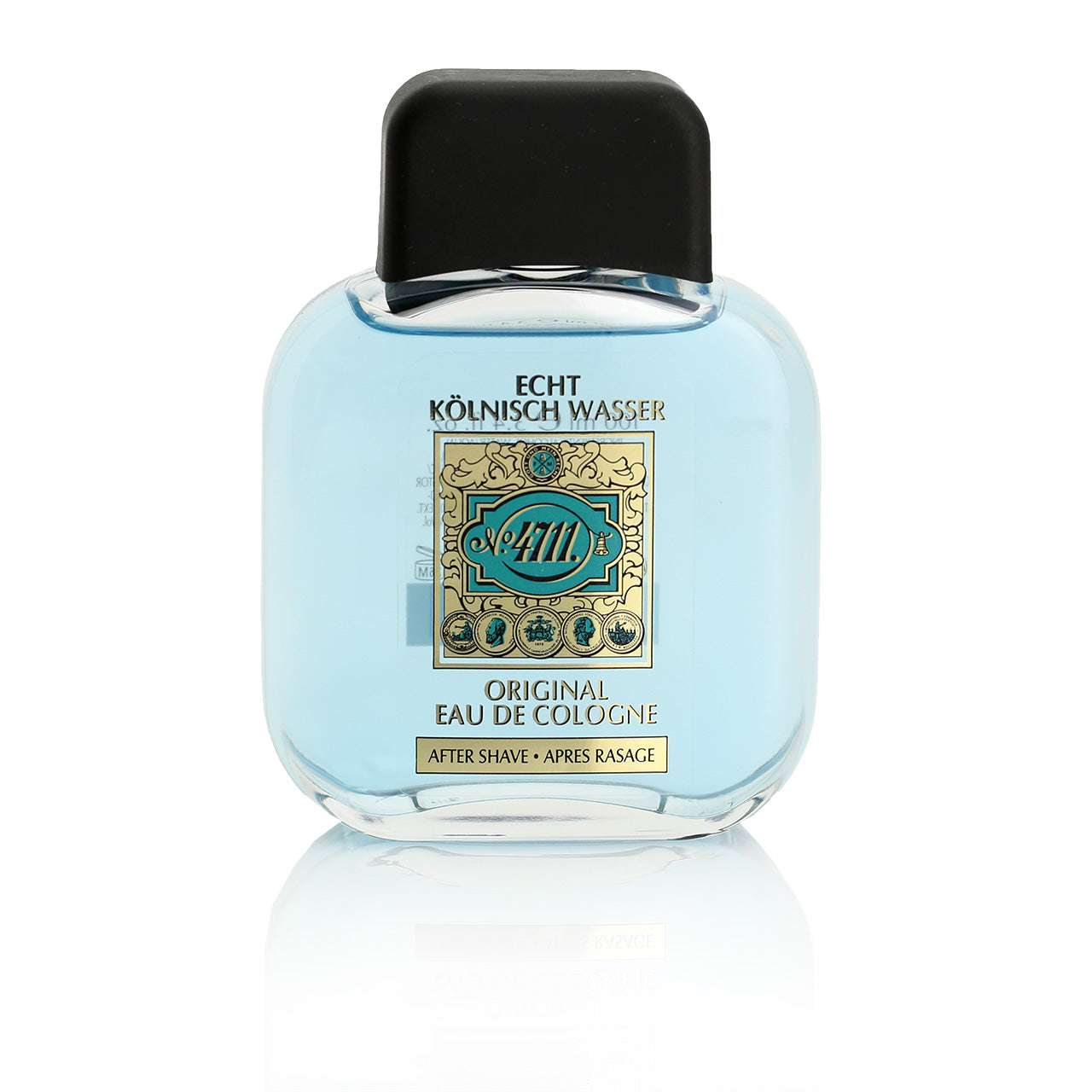4711 classic bottle with gold and aqua label printed on the glass. 