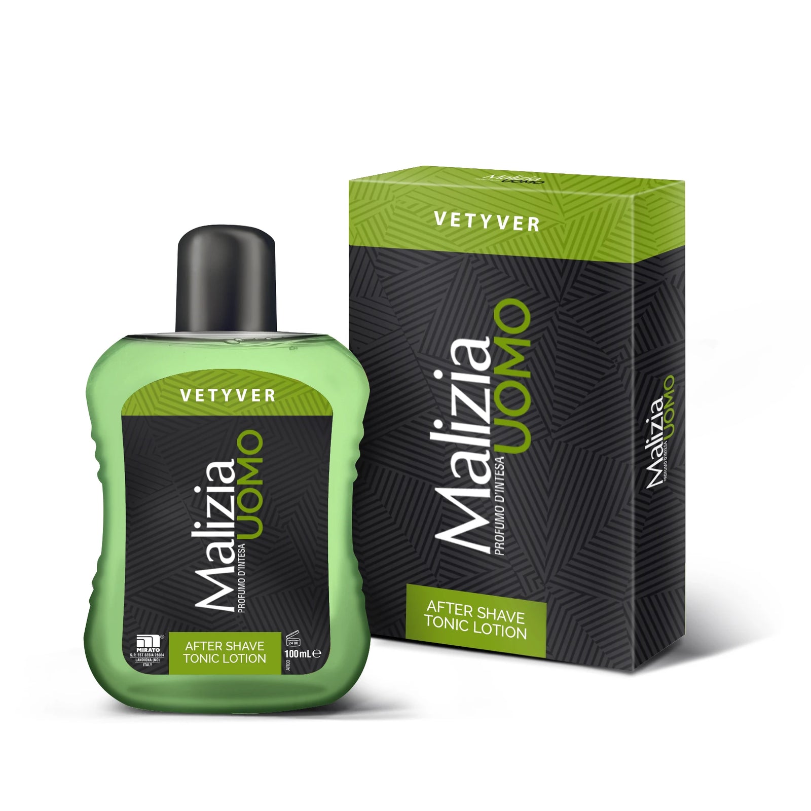A bottle of Malizia Uomo Vetyver After Shave Lotion next to its packaging box.