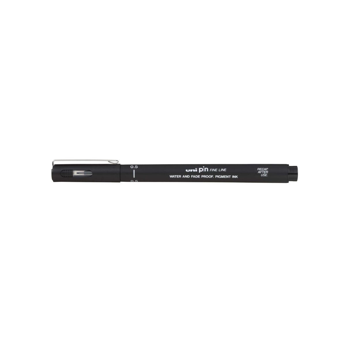 Black pen with visible branding on a white background