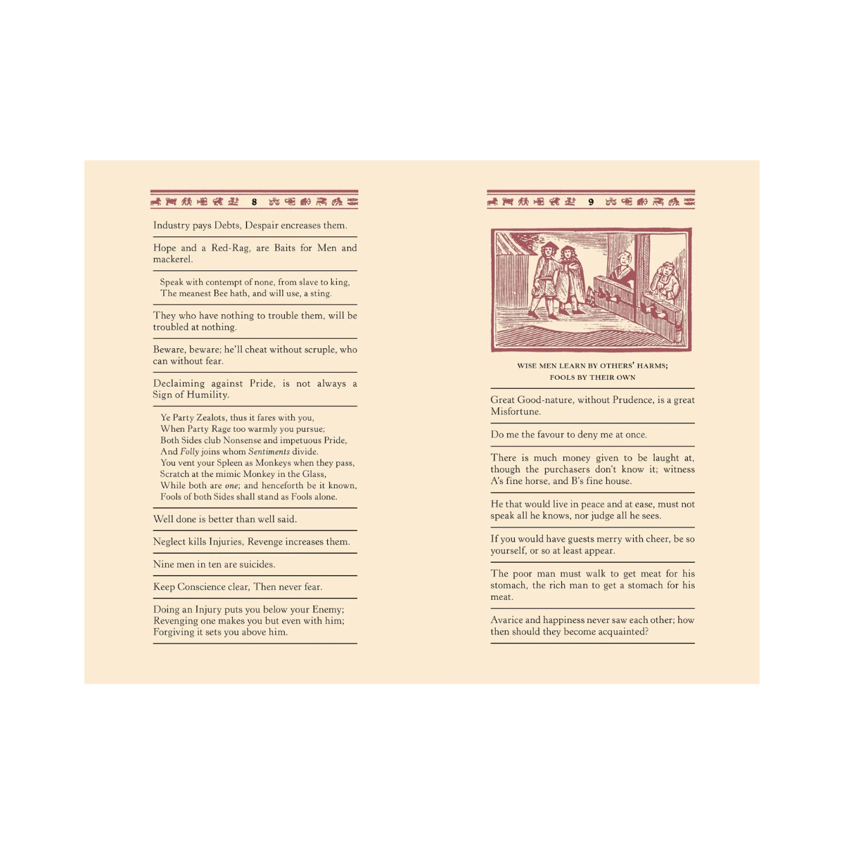 Book page with text and a small illustration on a beige background