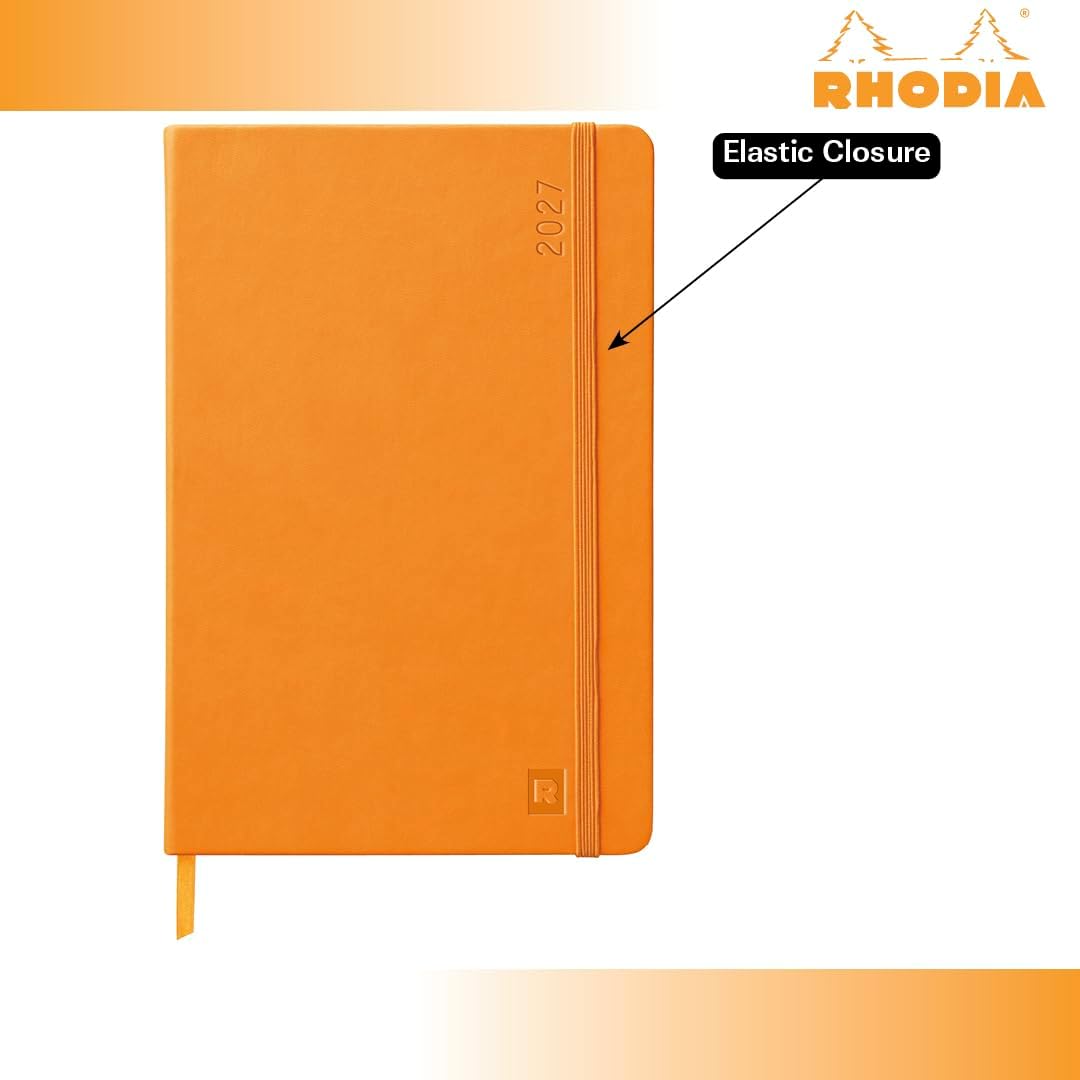 An orange Rhodia 2027 planner shown closed on a white background with an orange gradient border. A black callout box labeled 'Elastic Closure' points to the elastic band along the right side of the cover.