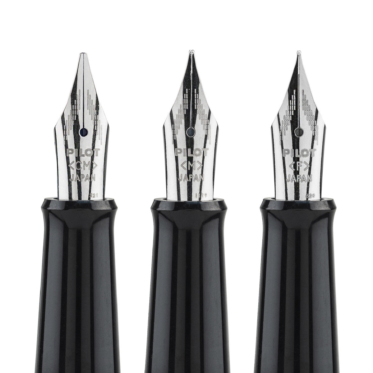 Three Pilot brand fountain pen nozzles on a white background