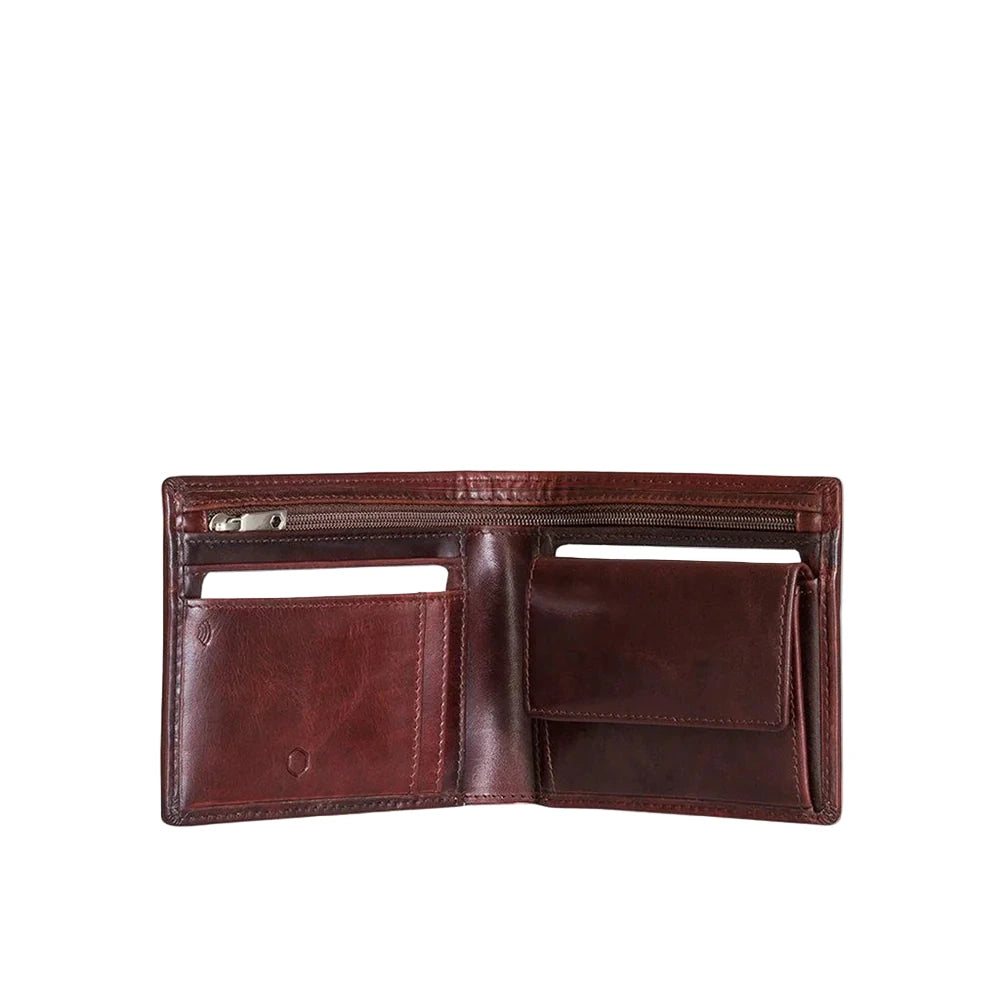 Brown leather wallet open on a white background