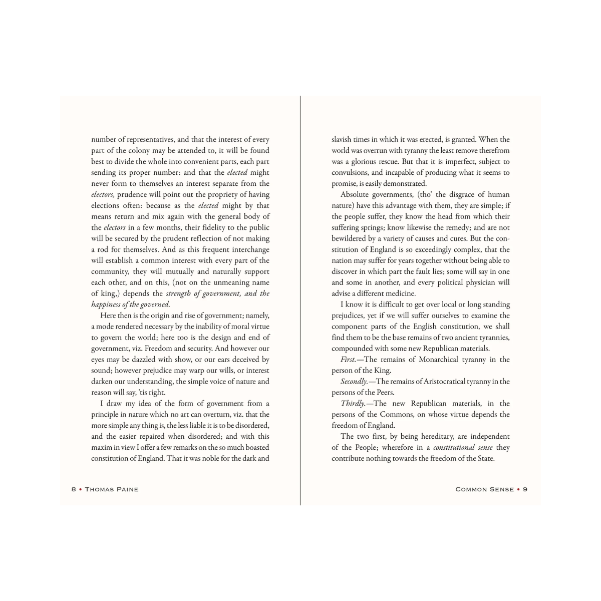 Page from 'Common Sense' by Thomas Paine with text and a margin on a white background
