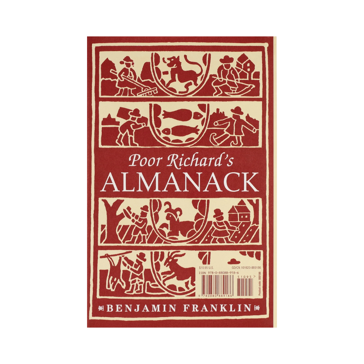 Book cover of 'Poor Richard's Almanack' by Benjamin Franklin with red and beige design.