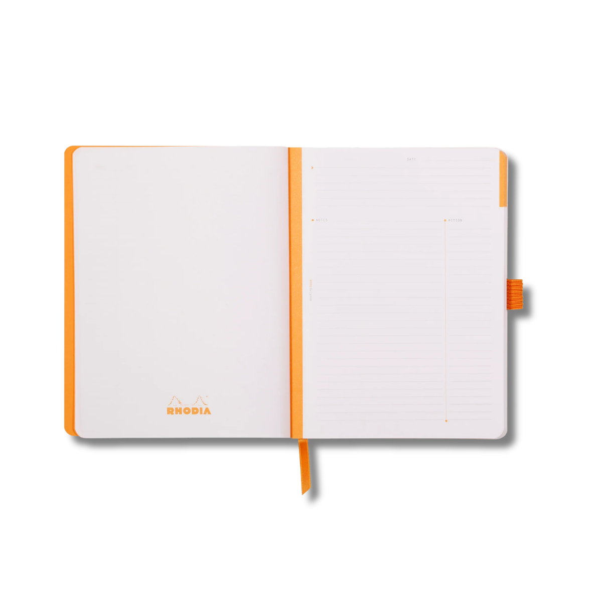 Open notebook with orange binding on a white background