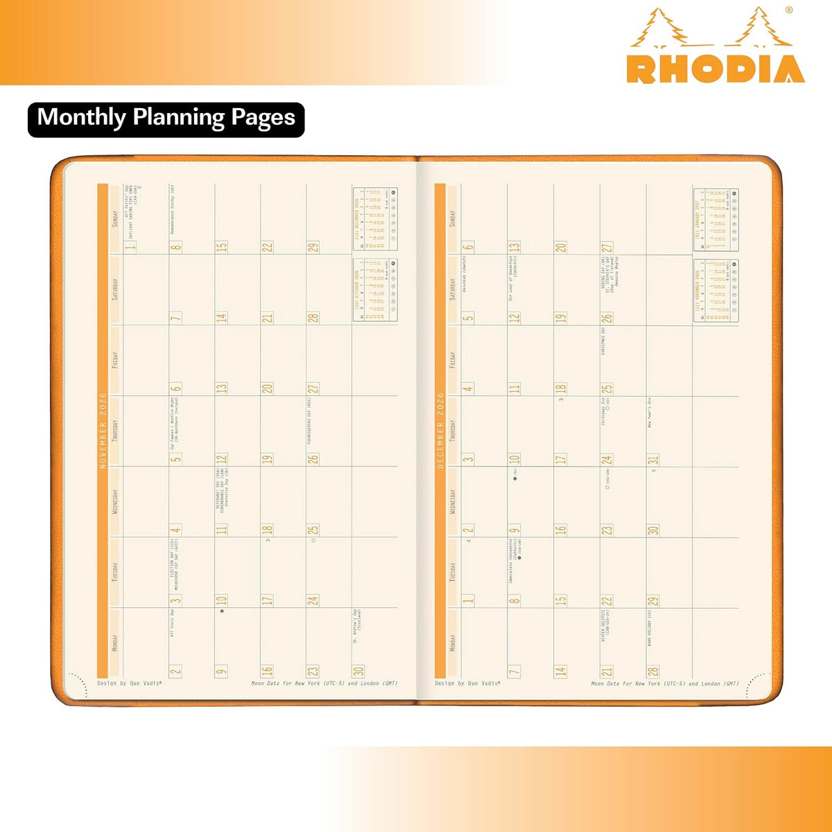 An open monthly planner with cream-colored pages featuring orange borders and printed calendar grids, shown on a white background with an orange gradient. The brand name 'RHODIA' is visible in the top right corner, and a label reading 'Monthly Planning Pages' appears in the top left.