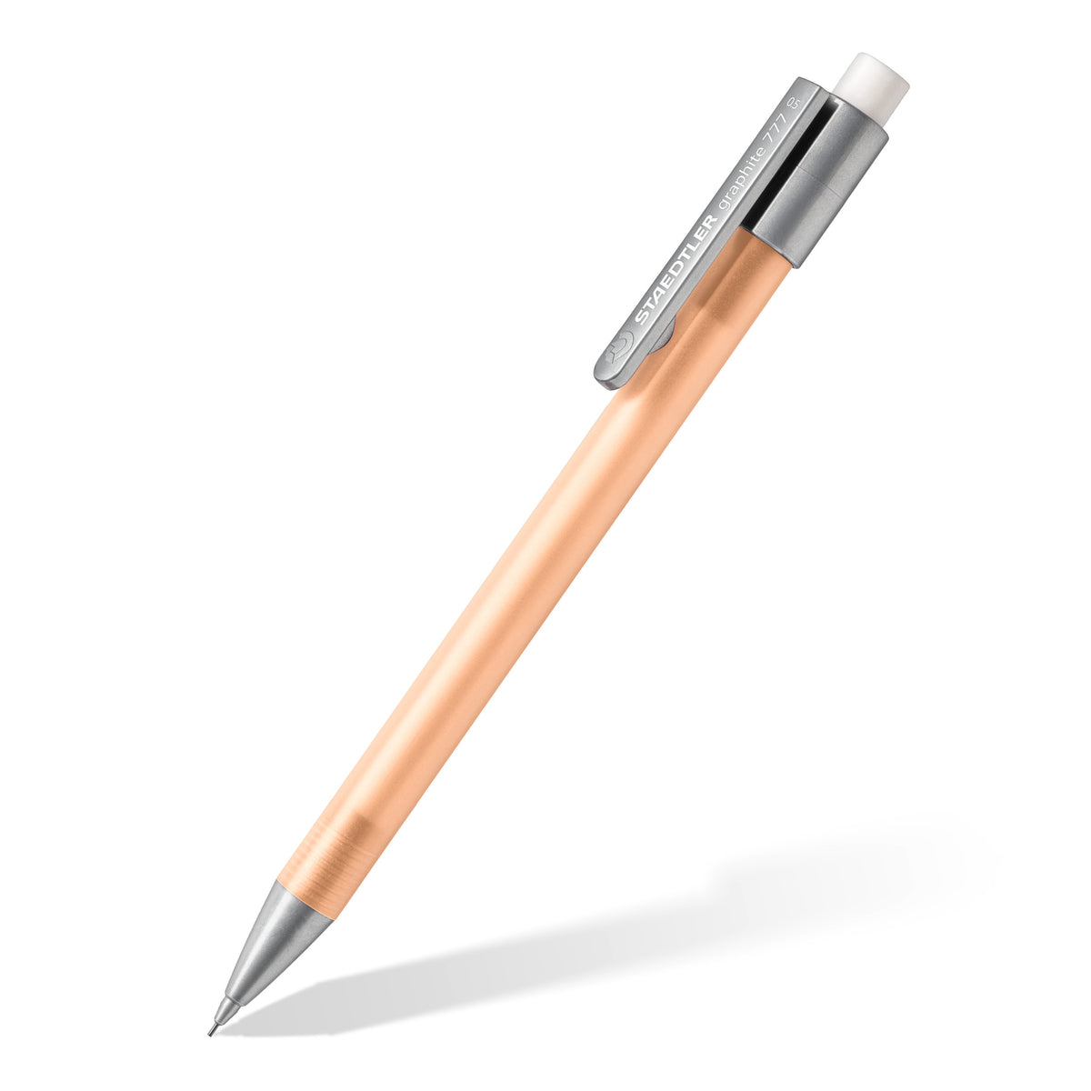 A Rosegold mechanical pencil with a metallic rose gold barrel, silver clip and tip, and a white eraser, shown diagonally on a white background.