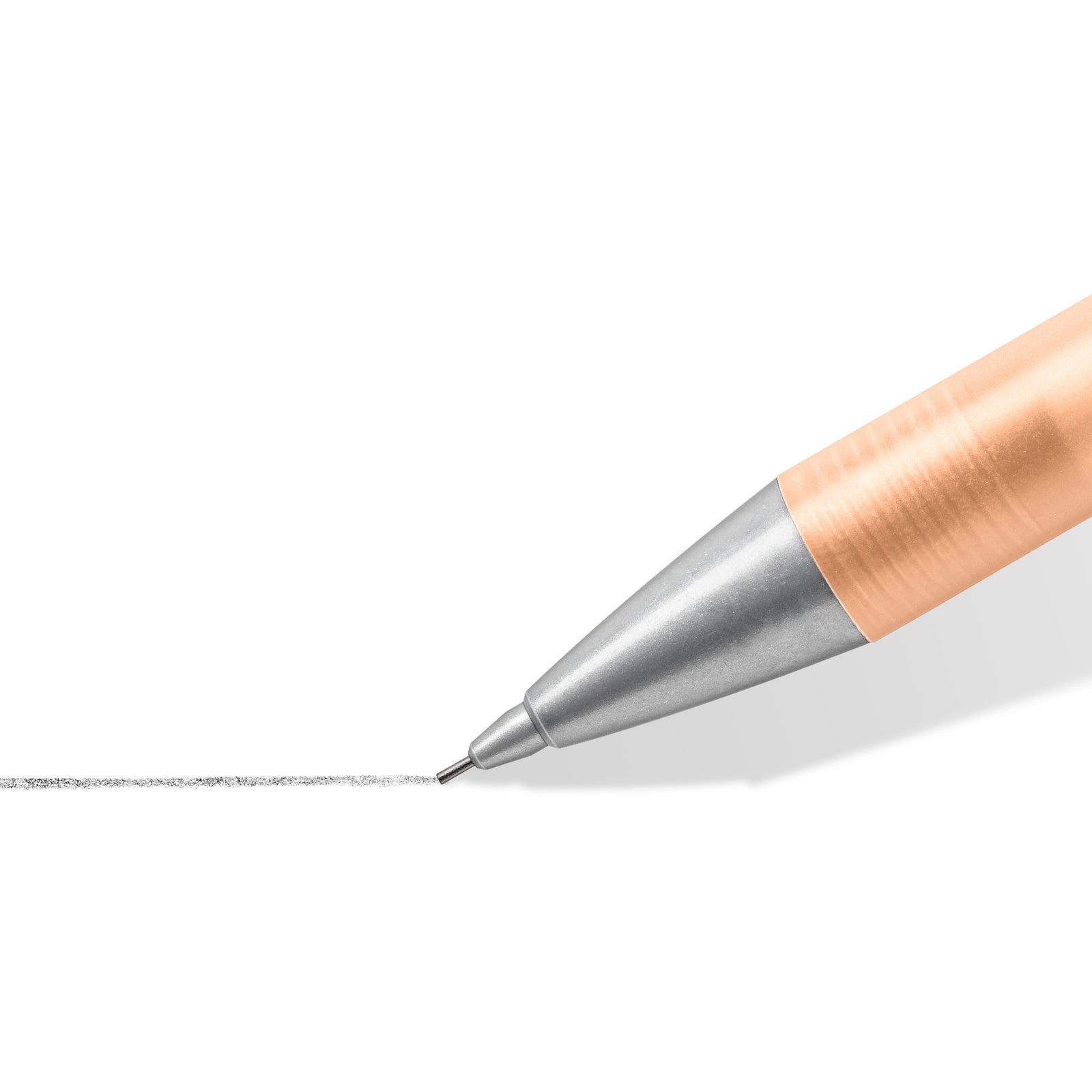 A Rosegold mechanical pencil with a metallic rose gold barrel, silver clip and tip, and a white eraser, shown diagonally on a white background.