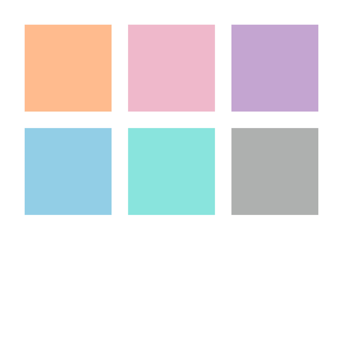 Six square color swatches in pastel colors on a white background