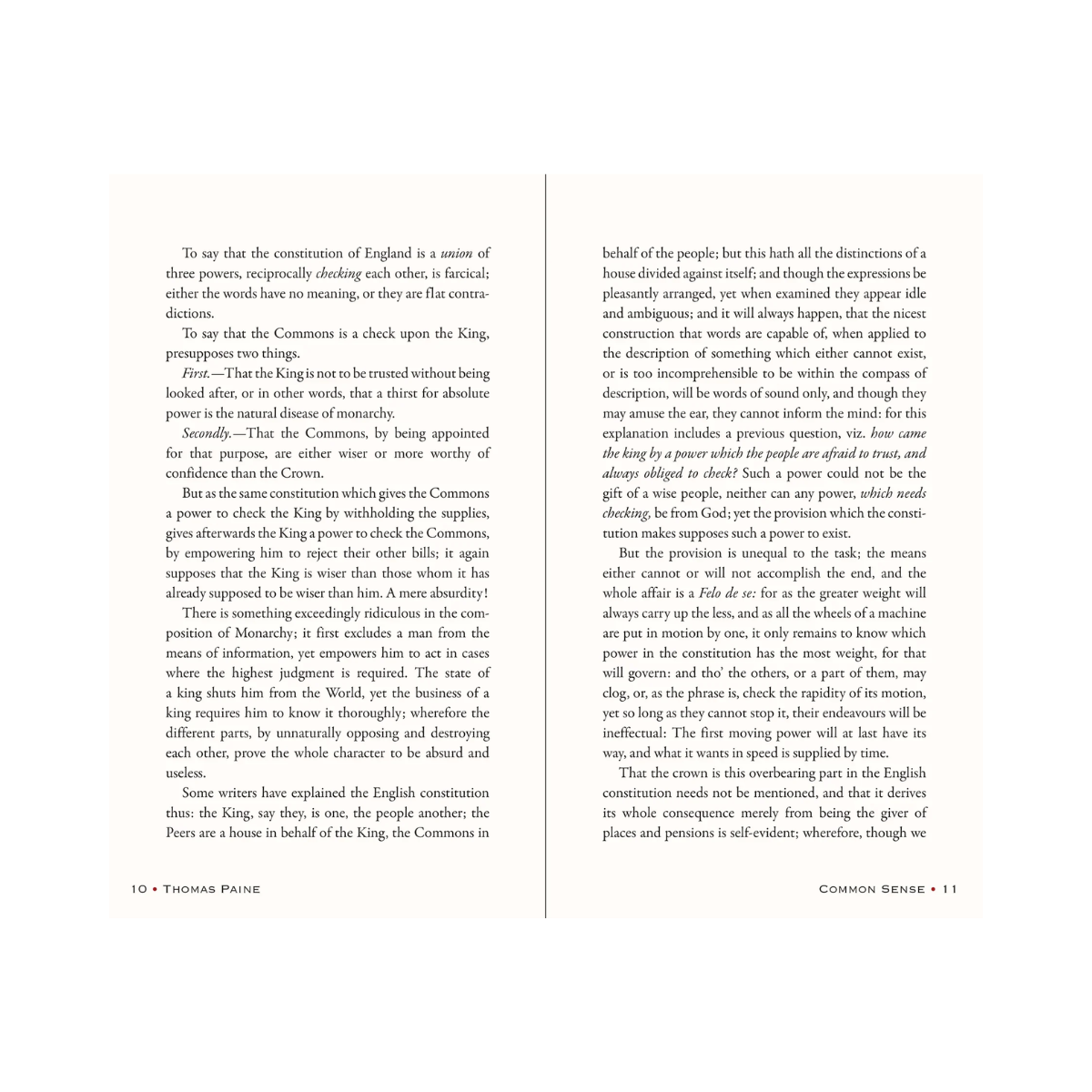 Page from 'Common Sense' by Thomas Paine with text and a margin on a white background