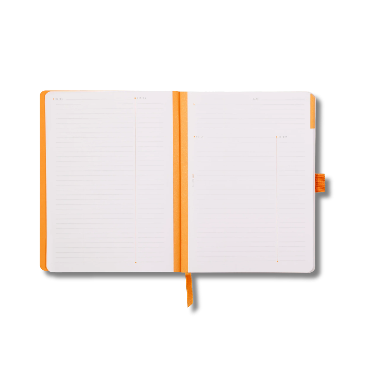 Open notebook with orange binding on a white background