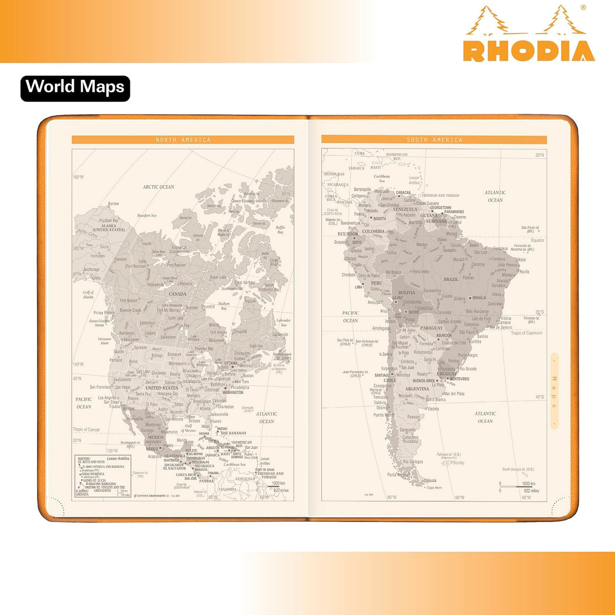 An open Rhodia world map book showing North and South America on cream-colored pages with gray shaded country outlines, set against a white background with orange gradient borders and the Rhodia logo.