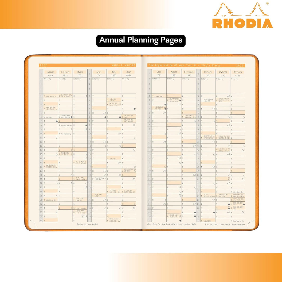 An open annual planning book showing two pages of monthly calendar spreads with orange borders and cream pages. The Rhodia logo appears at the top right, with the text 'Annual Planning Pages' above the product on a white background with orange corner accents.