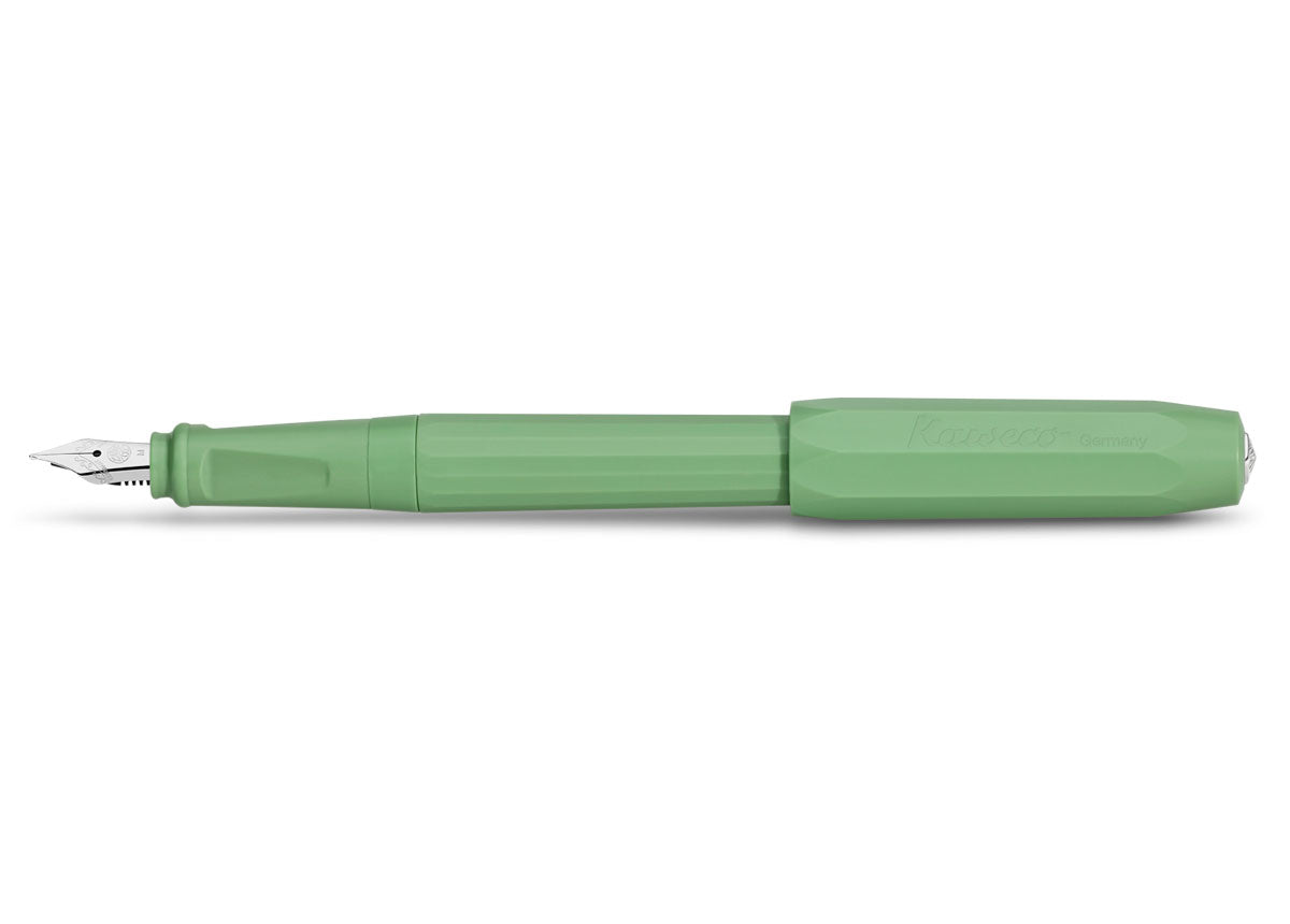 Kaweco Jungle Green Fountain Pen side view showing the silver nib and finial, and the colourless logo emboss on the cap