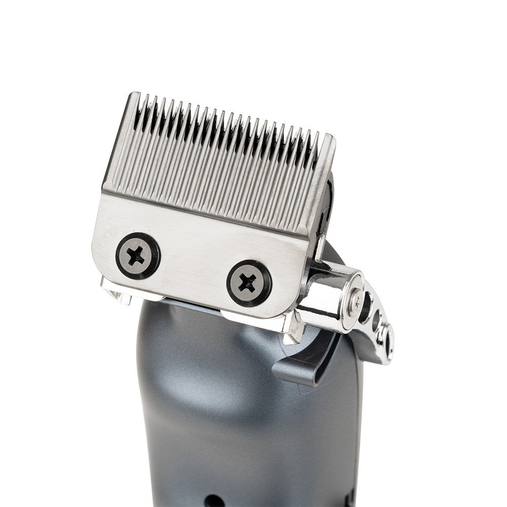 A dark gray cordless hair clipper with a black cutting blade and a small blue LED indicator light, shown from a top-down view on a white background.
