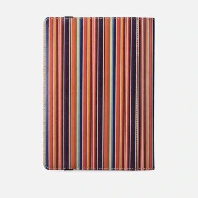 Back view of the striped leather notebook cover with multicolour vertical stripes on a white background