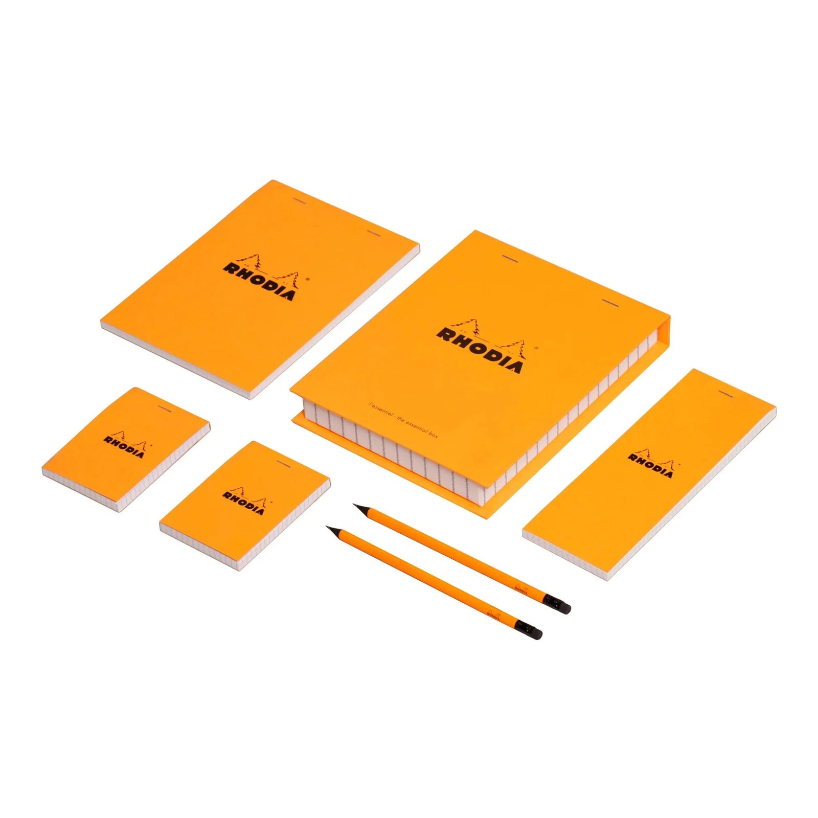 Collection of Rhodia notebooks and a pencil on a white background