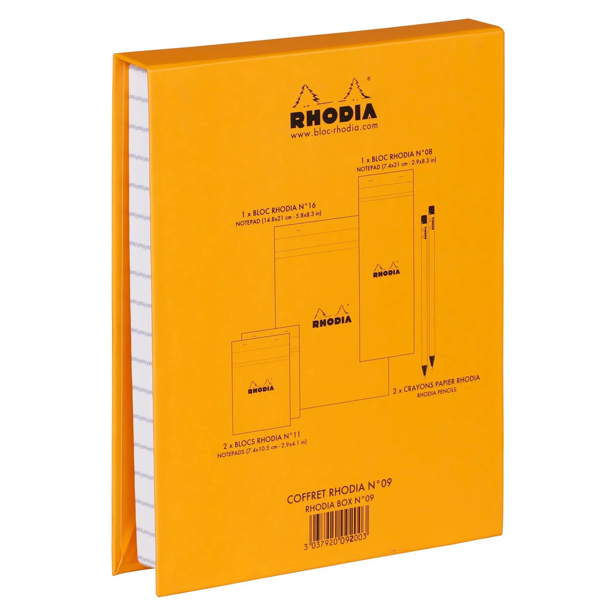 Orange Rhodia notebook with white interior on a white background