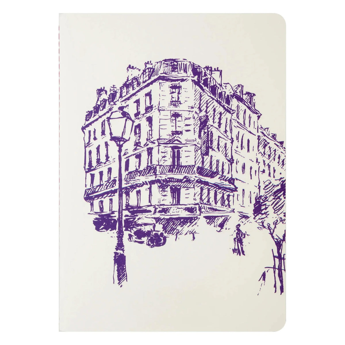 Notebook with purple street scene illustration on a white background