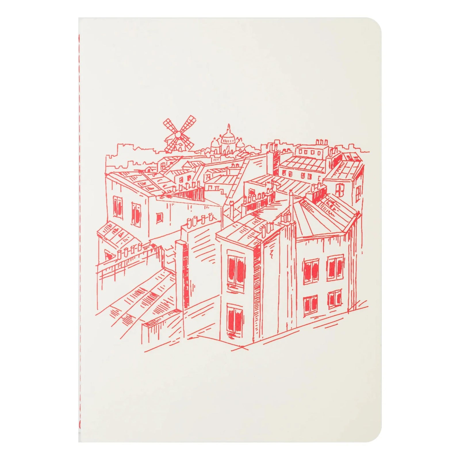 Notebook with red line drawing of buildings and a windmill on a white background