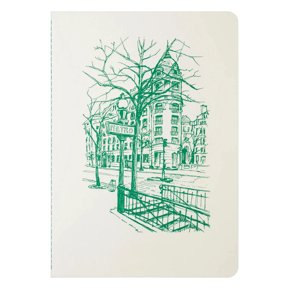 Notebook with green line art of a city street scene on a white background