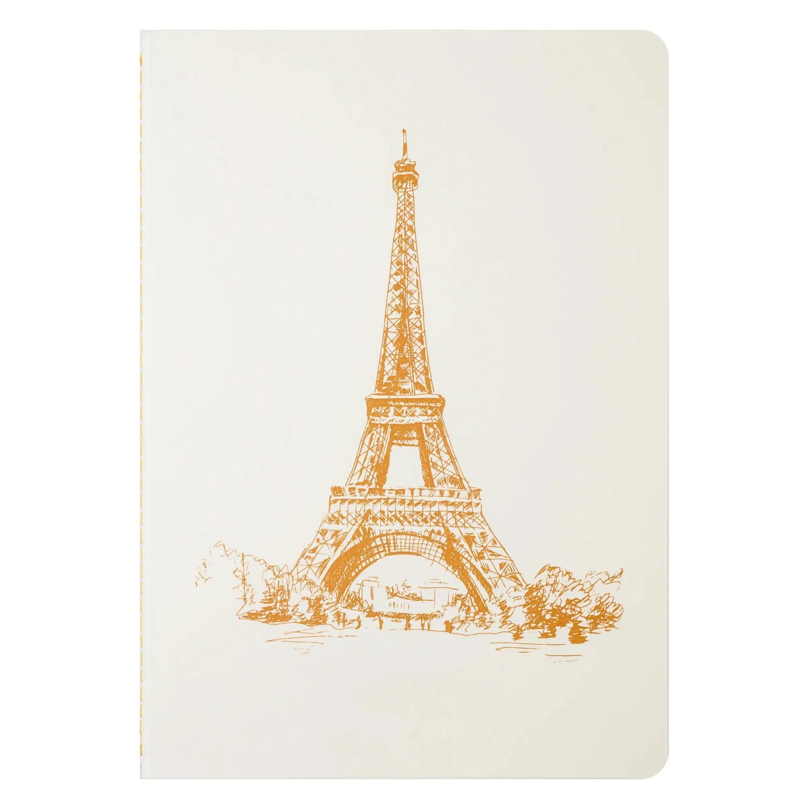 Notebook with gold Eiffel Tower design on a white background