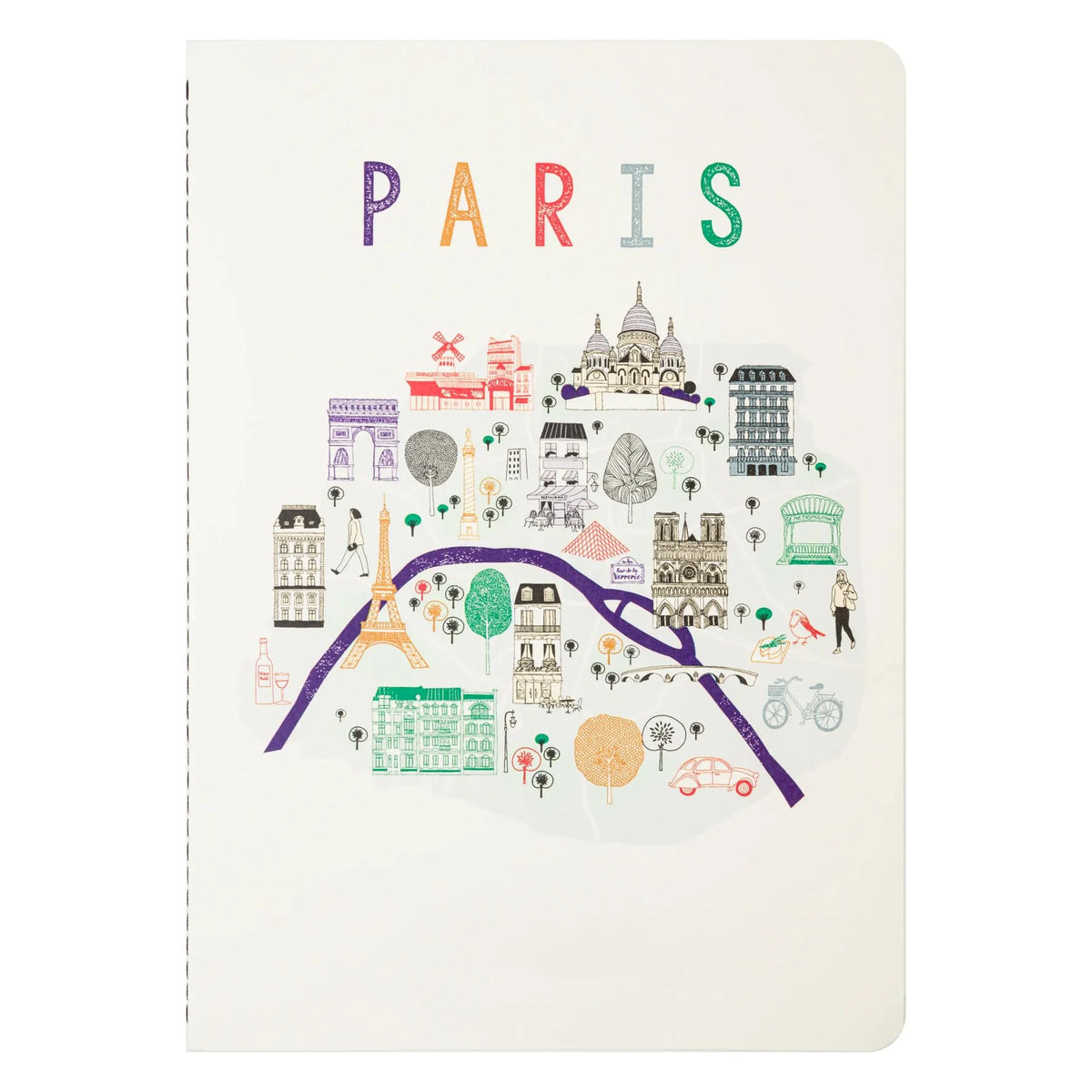 Notebook with colorful illustration of Paris landmarks on a white background