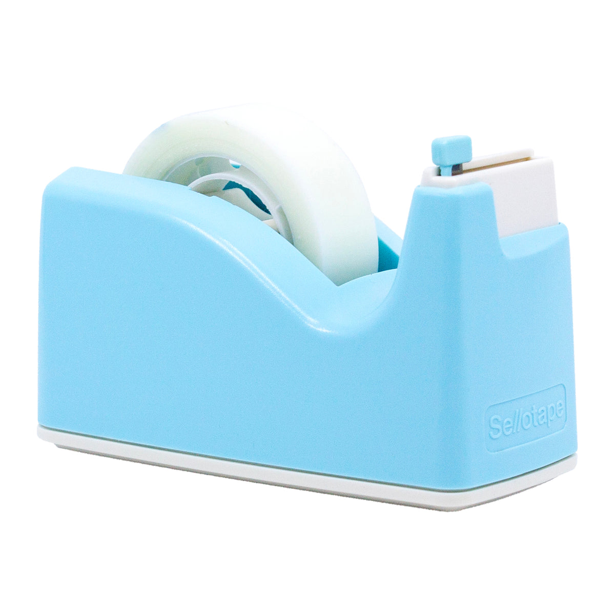 Blue tape dispenser with a roll of tape on a white background