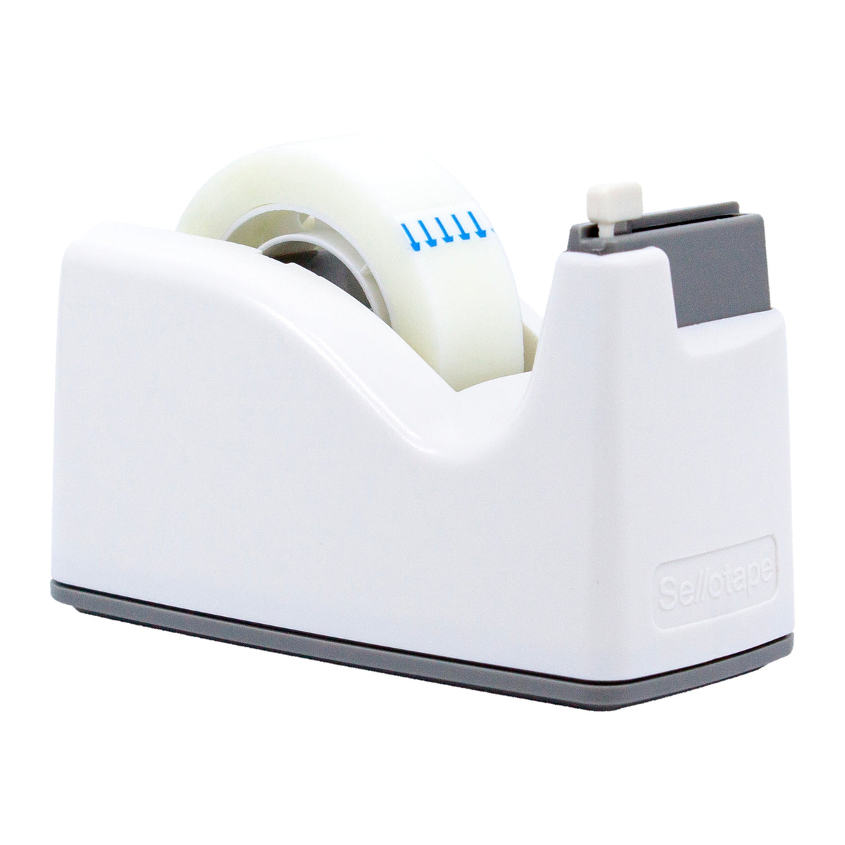 White tape dispenser with a roll of tape on a white background