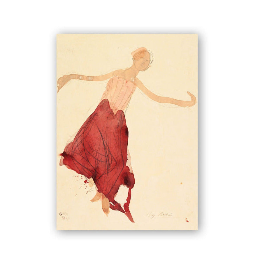 Artistic depiction of a dancer in a red dress on a beige background