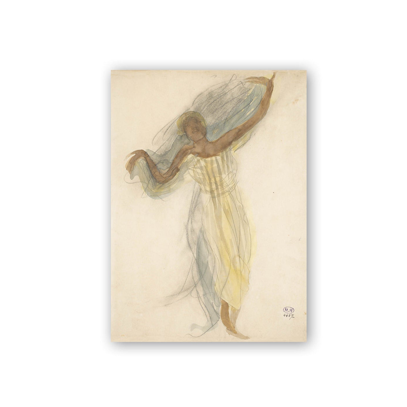 Artistic depiction of a figure with a flowing garment on a beige background