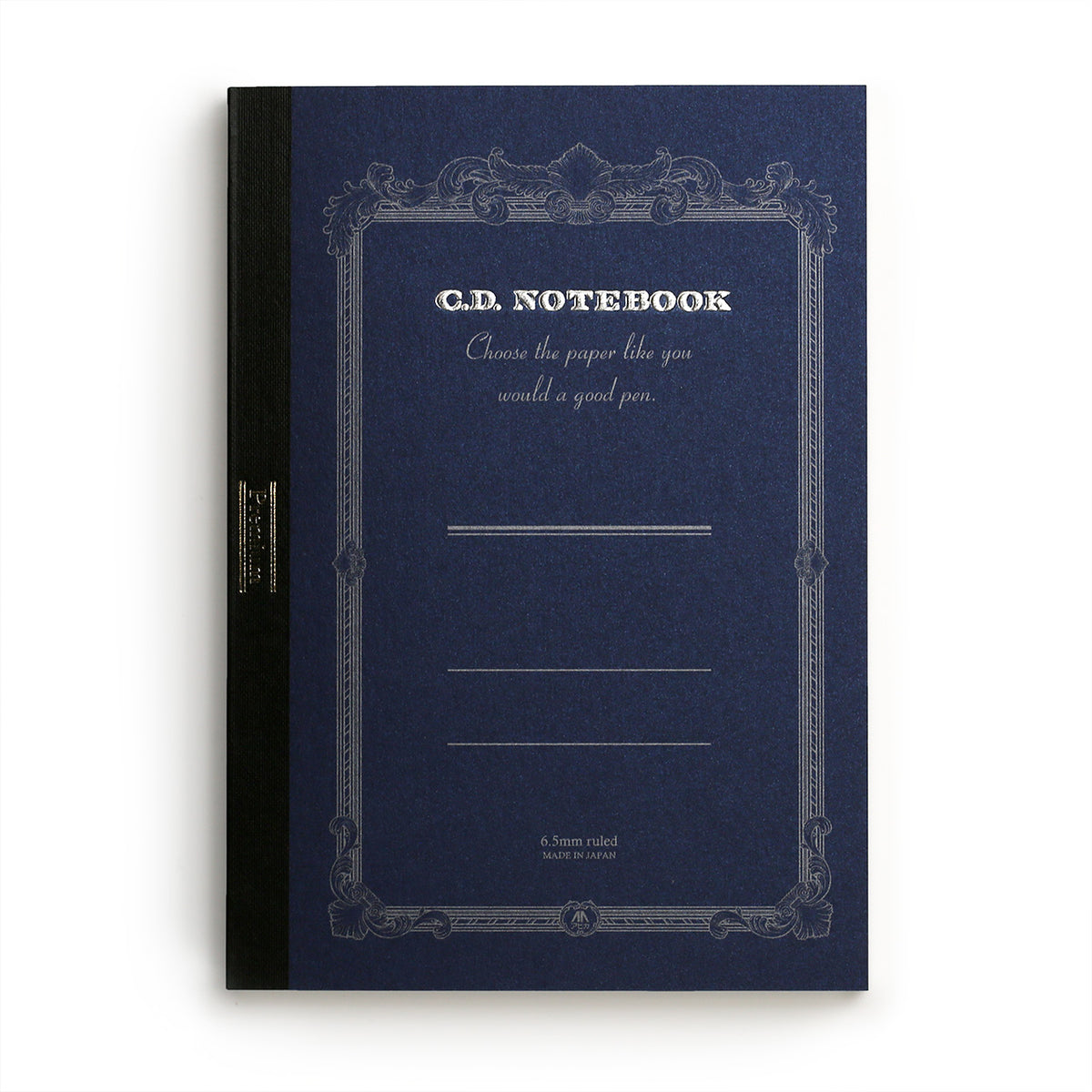 A6 CD Premium notebook with 6.5mm ruled pages and dark blue shimmer cover