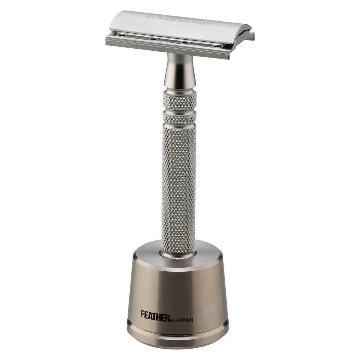 Silver safety razor on a white background with 'Feather' branding.