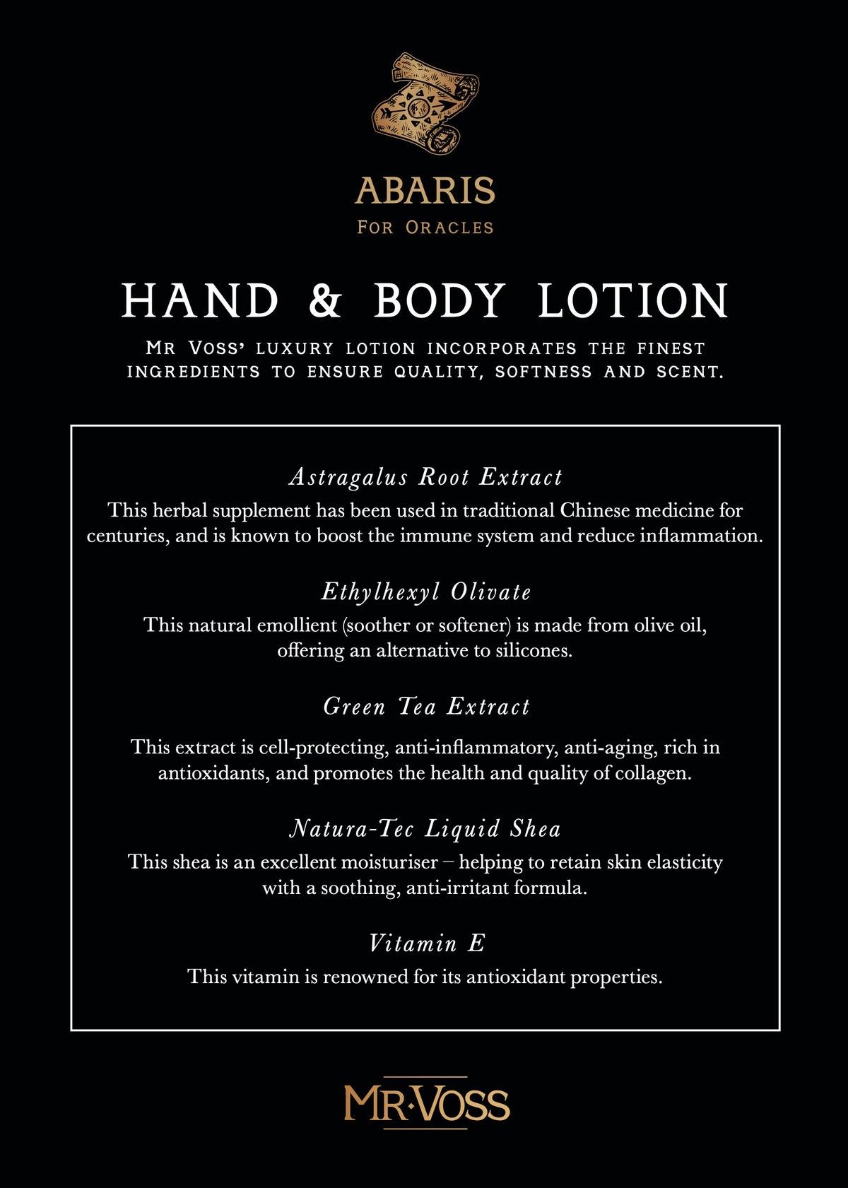 Abaris hand and body lotion label with ingredients on a black background