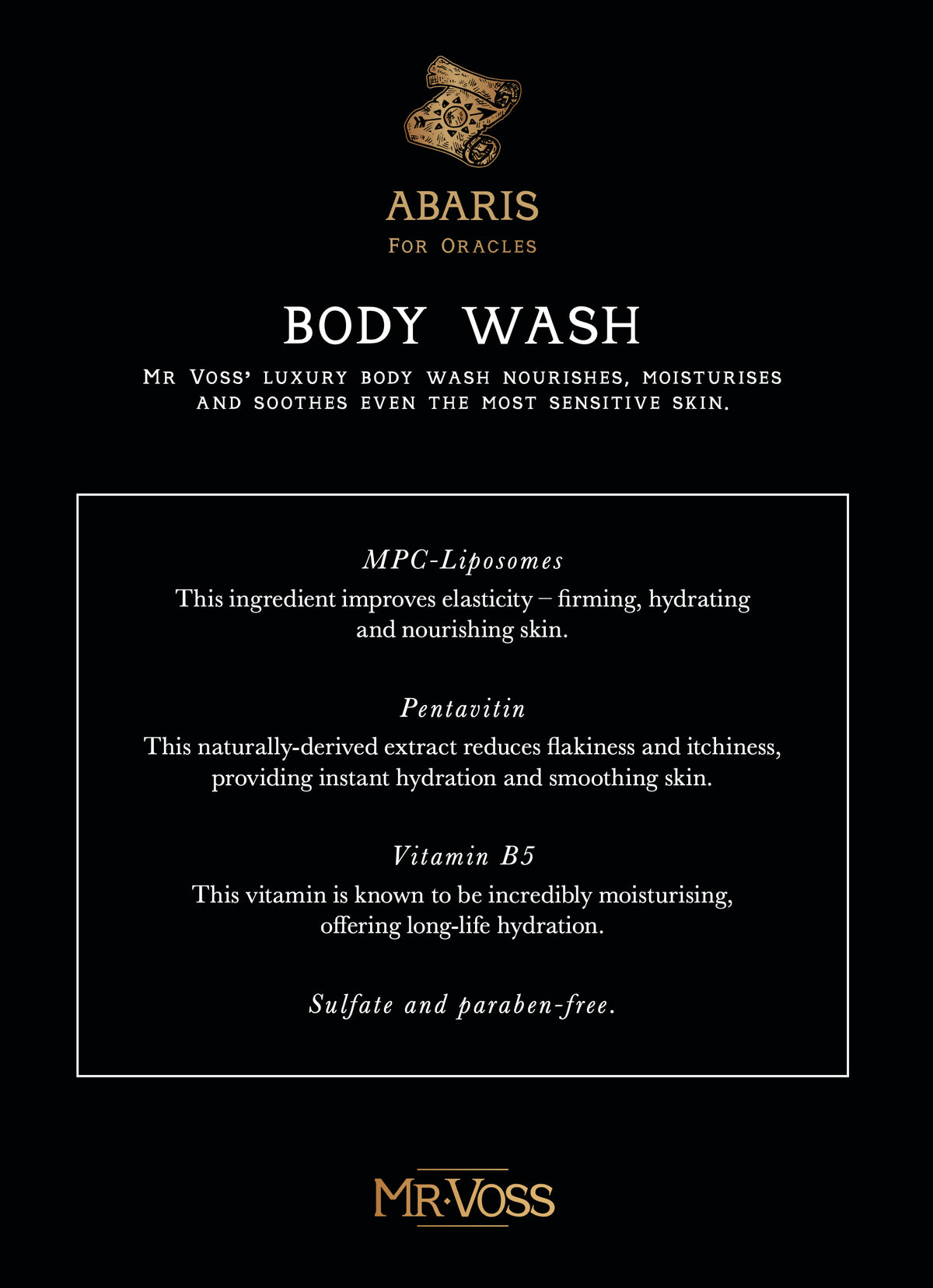 Abaris for Oracles body wash label with product details on a black background
