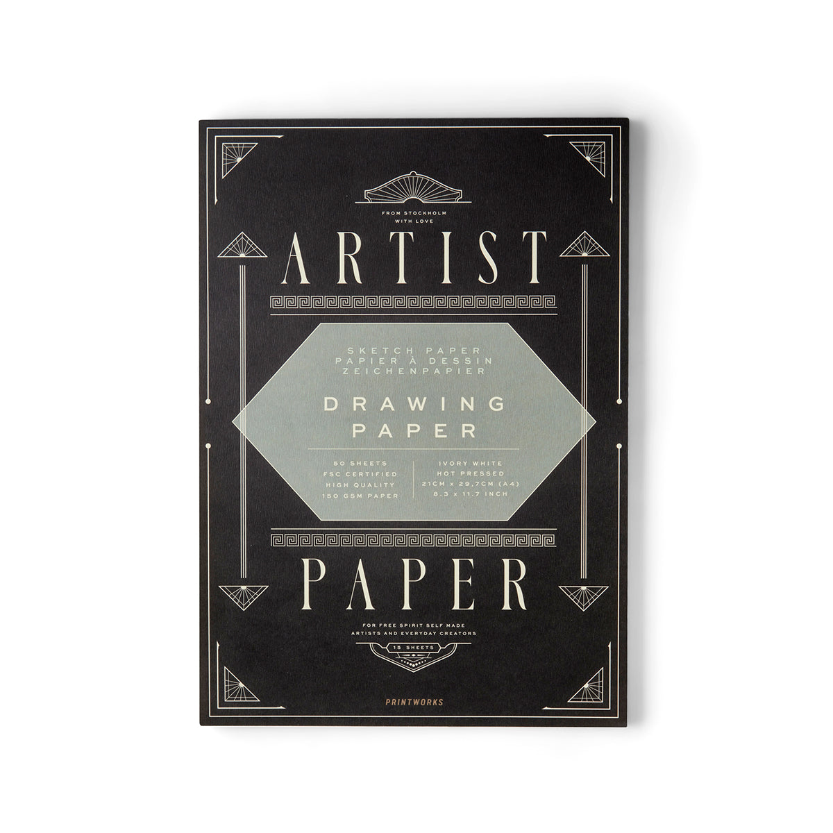 Package of Artist Drawing Paper with black and white design on a white background