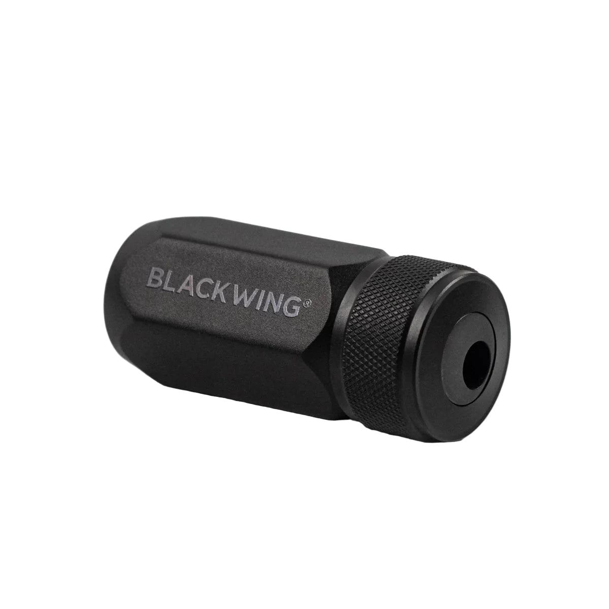 Black cylindrical pencil sharpener with 'BLACKWING' branding on a light grey background