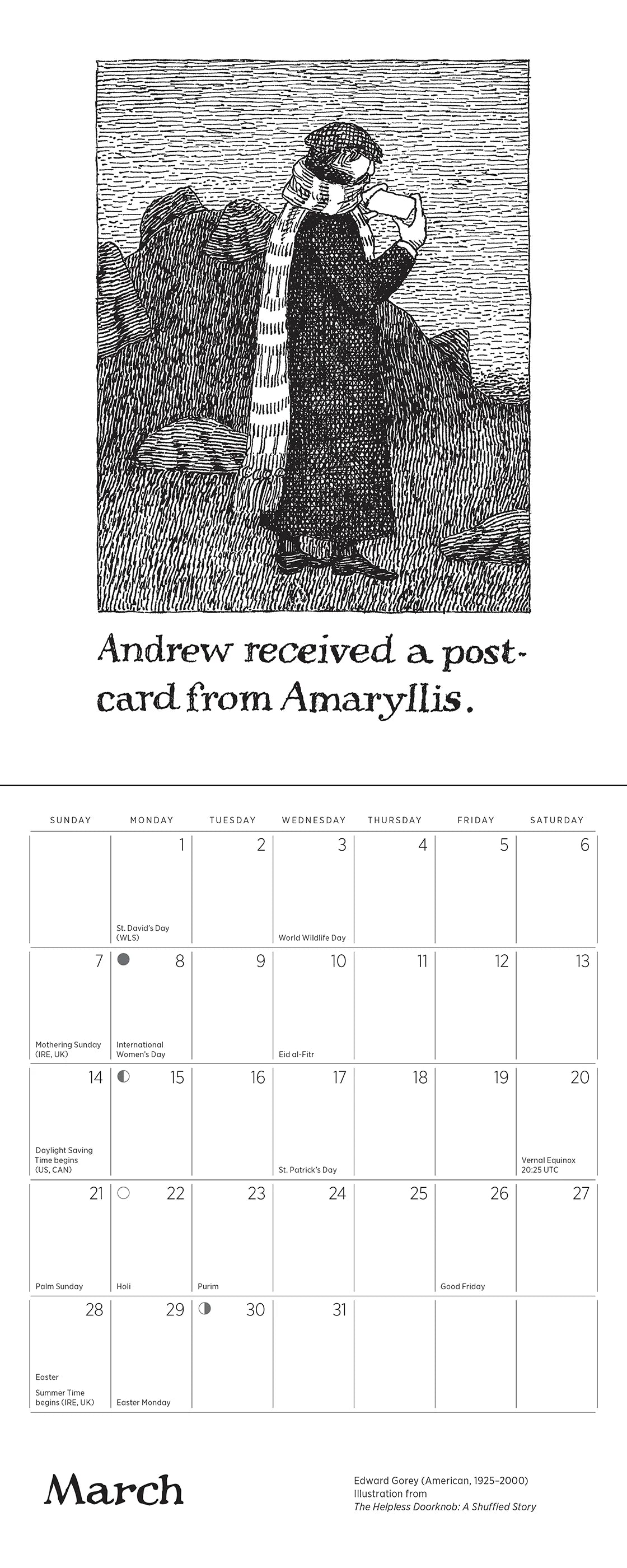 Edward Gorey "The Helpless Doorknob" 2027 Mini Wall Calendar