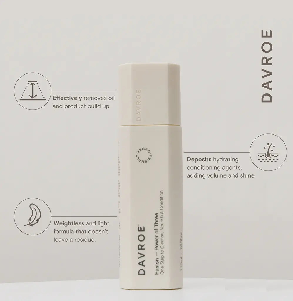 A Davroe Fusion One Step to Chemise Natural & Condition hair product bottle, shown against a light gray background with feature callout icons and text.