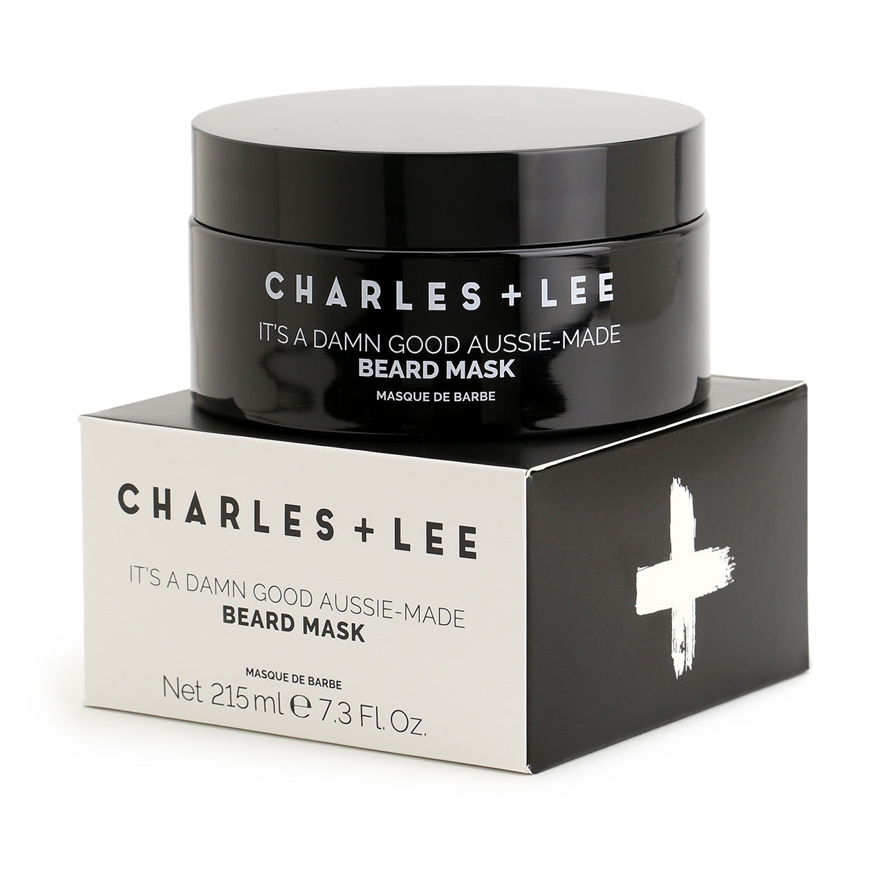 Beard Mask from Charles and Lee showing the black tub sitting on the black and white box