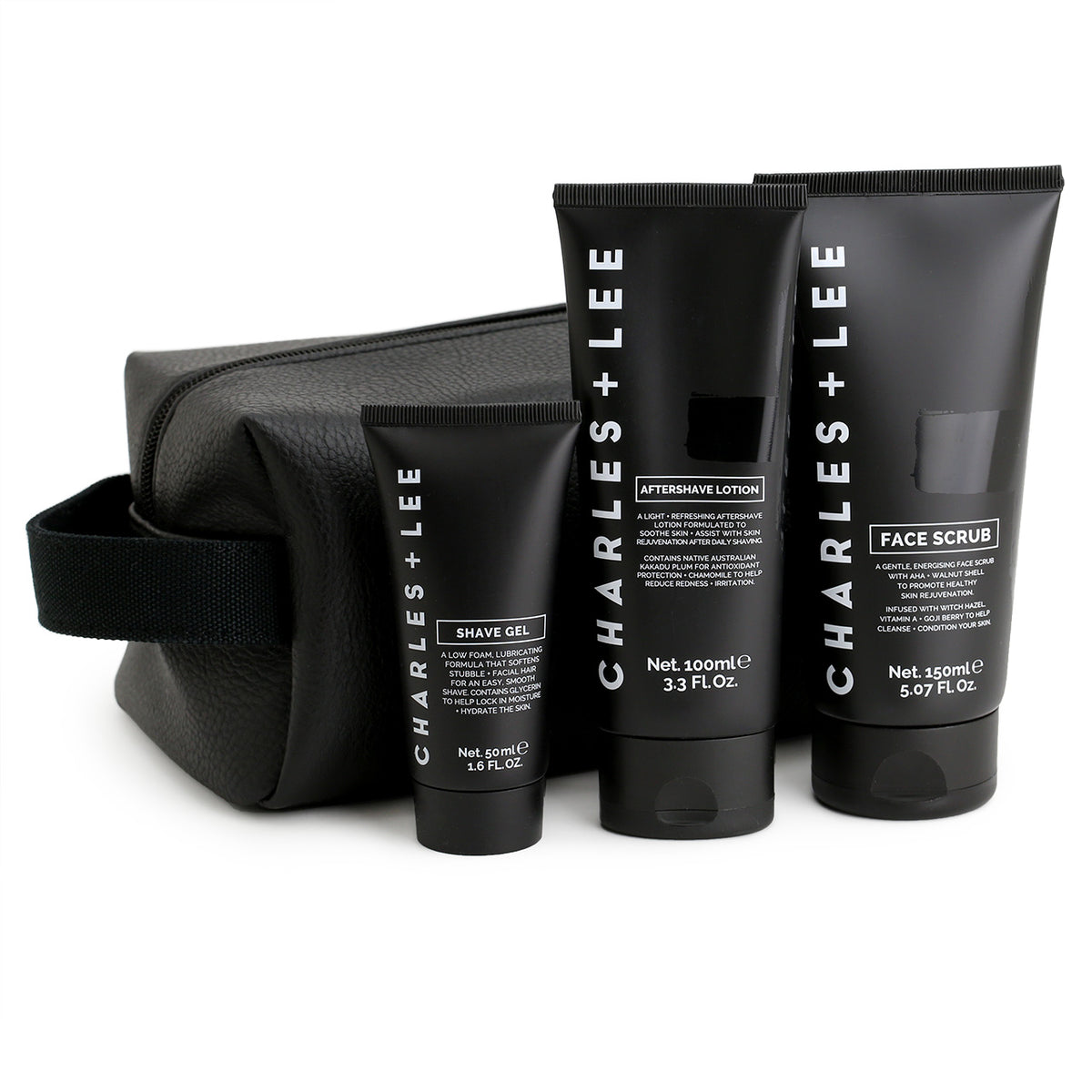 Charles and Lee Clean Cut Kit includes black dopp bag, Shave Gel 50ml, Aftershave Lotion 100ml and Face Scrub 150ml