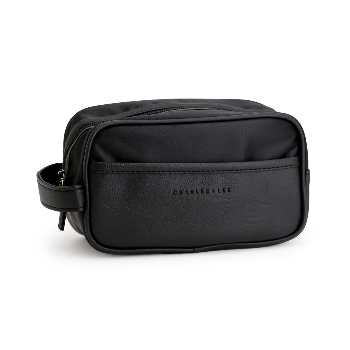 Black travel kit dopp bag made from water resistant nylon and PU Leather