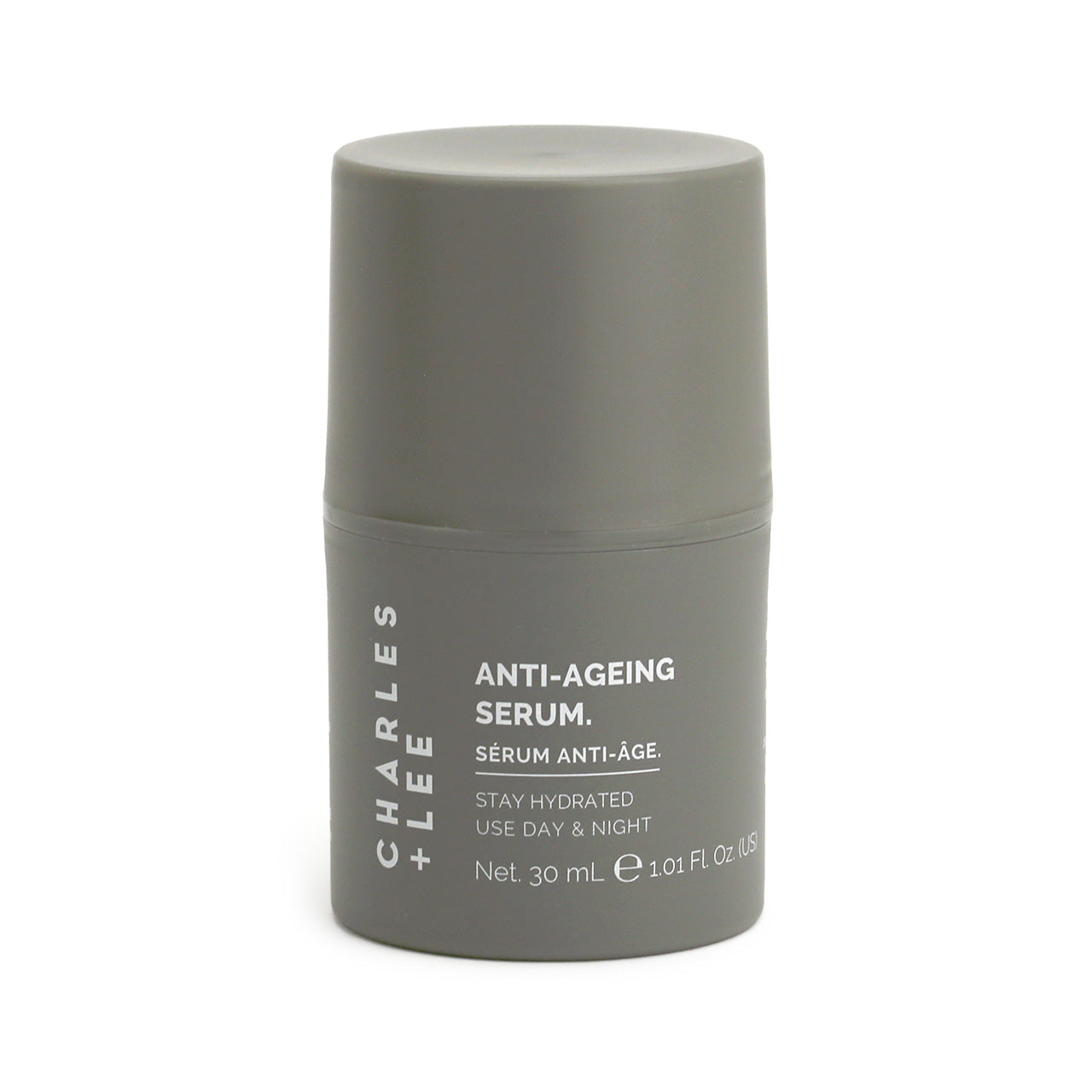 Charles & Lee Anti-Ageing Serum 30ml in a grey pump pack with a lid.